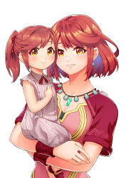 Rule 34 | 2girls, absurdres, aged down, bob cut, breasts, cleavage, dress, drop earrings, earrings, glimmer (xenoblade), highres, holding baby, jewelry, large breasts, mother and daughter, multiple girls, ponytail, pyra (xenoblade), red dress, red eyes, red hair, short sleeves, swept bangs, xenoblade chronicles (series), xenoblade chronicles 3, you nf