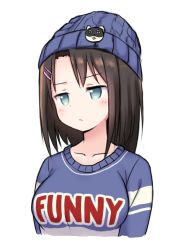 Rule 34 | 1girl, :/, akeyama, badge, bang dream!, beanie, blue eyes, blush, breasts, brown hair, button badge, closed mouth, clothes writing, collarbone, cropped torso, english text, hair ornament, hairclip, hat, long hair, medium breasts, okusawa misaki, simple background, sketch, solo, sweater, upper body, white background