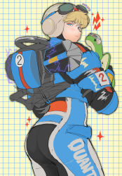 Rule 34 | 1girl, absurdres, animification, apex legends, ass, blonde hair, blue bodysuit, blue eyes, bodysuit, electricity, eyeshadow, from behind, goggles, goggles on headwear, half-closed eyes, helmet, highres, holding, holding stuffed toy, kagaya (oshiriudon), lightning bolt symbol, looking at viewer, makeup, nessie (respawn), official alternate costume, pink eyeshadow, solo, sparkle, stuffed toy, wattson (apex legends), wired for speed wattson