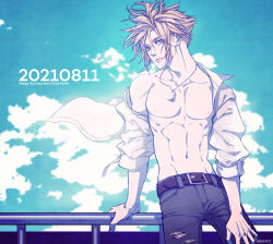 Rule 34 | 1boy, against railing, alternate costume, aqua eyes, belt, belt buckle, blonde hair, brown belt, buckle, character name, cloud, cloud strife, cloudy sky, cowboy shot, dog tags, earrings, final fantasy, final fantasy vii, final fantasy vii remake, grey pants, hair between eyes, happy birthday, highres, jewelry, against railing, long sleeves, looking at viewer, male focus, open clothes, open shirt, outdoors, pants, pectorals, railing, shirt, short hair, single earring, sky, sleeves rolled up, solo, spiked hair, toned, toned male, torn clothes, twitter username, white shirt, yui (nightflight)