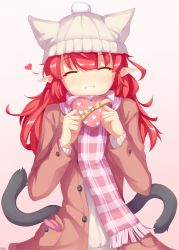 Rule 34 | 1girl, alternate costume, alternate hairstyle, animal ears, beanie, blush, box, cat ears, cat teaser, coat, extra ears, closed eyes, gift, gift box, hair down, hat, hat with ears, heart, heart-shaped box, highres, incoming gift, kaenbyou rin, long hair, long sleeves, multiple tails, open clothes, open coat, psychopath idiot, red hair, scarf, smile, solo, tail, touhou, two tails, valentine