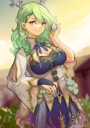 Rule 34 | 1girl, antlers, artist name, braid, braided bangs, breasts, ceres fauna, cleavage cutout, clothing cutout, flower, frilled sleeves, frills, green hair, highres, hololive, hololive english, horns, looking at viewer, mole, mole under eye, playing with own hair, ribbon, sakaste, solo, virtual youtuber, yellow eyes