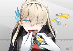 Rule 34 | absurdres, blue eyes, breasts, drugs, feather hair ornament, gloves, hairband, highres, injection, large breasts, lexington (cv-16) (warship girls r), long hair, necktie, pill, richard li, silver hair, steelblue mirage, syringe, tears, tongue, tongue out, warship girls r, white gloves