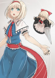 Rule 34 | 1girl, alice margatroid, apron, backlighting, black dress, blonde hair, blue dress, blue eyes, blush, bow, breasts, capelet, collar, dress, faceless, frilled collar, frilled shirt collar, frills, grey background, hair bow, hairband, hip focus, jewelry, long hair, long sleeves, medium breasts, opanchu (pixiv259683), open mouth, puppet rings, puppet strings, ribbon, ring, shanghai doll, short hair, short sleeves, simple background, sleeveless, sleeveless dress, solo, thighs, touhou