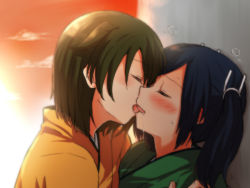 Rule 34 | 10s, 2girls, black hair, blush, breasts, brown hair, closed eyes, hiryuu (kancolle), japanese clothes, kantai collection, kiss, misocha, multiple girls, personification, ribbon, short hair, side ponytail, smile, souryuu (kancolle), sunset, twintails, yuri