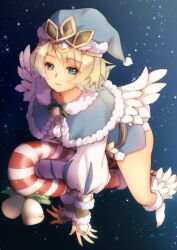 1girl alternate_costume blonde_hair blue_eyes candy candy_cane closed_mouth feather_trim fire_emblem fire_emblem_heroes fjorm_(fire_emblem) food fur_trim hat looking_at_viewer night night_sky nintendo oka_(umanihiki) santa_costume santa_hat sky