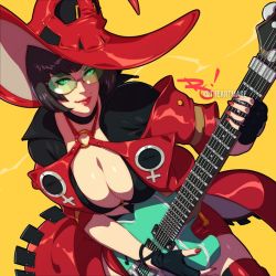 Rule 34 | 1girl, arc system works, black hair, breasts, cleavage, fingerless gloves, glasses, gloves, green-tinted eyewear, green-tinted glasses, green eyes, guilty gear, guilty gear strive, guitar, hat, i-no, instrument, large breasts, mole, mole above mouth, nail polish, sunglasses, tinted eyewear, witch hat