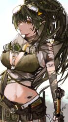 Rule 34 | 1girl, absurdres, arknights, bare shoulders, breasts, cleavage, cowboy shot, dated, gas mask, gavial (arknights), gavial the invincible (arknights), goggles, goggles on head, green hair, highres, large breasts, long hair, looking at viewer, mask, material growth, navel, oripathy lesion (arknights), parted lips, ponytail, signature, simple background, sketch, solo, stomach, tattoo, white background, yellow eyes, yuki flourish