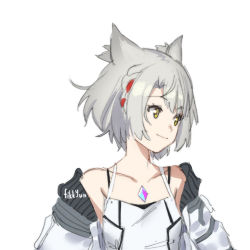 Rule 34 | 1girl, animal ear fluff, animal ears, artist name, bare shoulders, braid, camisole, cat ears, chest jewel, closed mouth, collarbone, detached sleeves, fikkyun, highres, long sleeves, looking away, looking to the side, mio (xenoblade), short hair, side braid, silver hair, smile, solo, upper body, xenoblade chronicles (series), xenoblade chronicles 3, yellow eyes