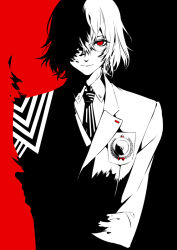 Rule 34 | 1boy, akechi gorou, blending, collared shirt, crossed arms, greyscale with colored background, hair between eyes, male focus, necktie, one eye covered, persona, persona 5, red eyes, school uniform, shirt, short hair, solo, spot color, striped clothes, two-tone background, vertical-striped clothes, vertical-striped necktie, zmore