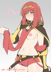 Rule 34 | 1girl, absurdres, arm behind back, artist name, belt, black belt, black capelet, black gloves, blush, breasts, capelet, celica (fire emblem), commentary, cowboy shot, english commentary, english text, fingerless gloves, fire emblem, fire emblem awakening, fire emblem gaiden, ge-b, gloves, grey background, hand up, highres, lifted by another, long hair, medium breasts, nintendo, nipples, pelvic curtain, red eyes, red hair, red shorts, short shorts, shorts, simple background, solo focus, tiara