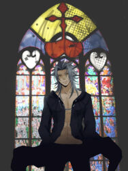 Rule 34 | abs, black coat, black coat (kingdom hearts), black gloves, black pants, coat, commentary request, gloves, grey hair, highres, hood, hood down, hooded coat, indoors, kingdom hearts, kingdom hearts ii, long coat, long hair, long sleeves, minatoya mozuku, muscular, muscular male, nobody (kingdom hearts), open clothes, open coat, organization xiii, pants, pectorals, serious, spiked hair, stained glass, standing, unzipped, xemnas, yellow eyes