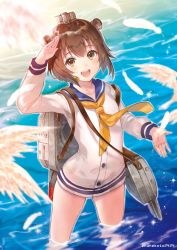 Rule 34 | 1girl, :d, arm up, bird, brown eyes, brown hair, buttons, cowboy shot, day, dress, feathers, hanekoto, kantai collection, long sleeves, looking at viewer, neckerchief, open mouth, orange neckerchief, outdoors, sailor dress, salute, short hair, smile, solo, sparkle, twitter username, wading, water, yukikaze (kancolle)