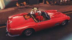 Rule 34 | 1girl, absurdres, anchovy (girls und panzer), car, chair, commentary, ferrari, food, girls und panzer, green hair, highres, long hair, long sleeves, mizzterbii, motor vehicle, overalls, pizza, pizza box, red overalls, road, shirt, solo, steering wheel, street, symbol-only commentary, table, twintails, vehicle focus, vehicle request, white shirt
