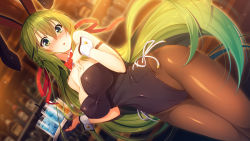 Rule 34 | 1girl, :o, animal ears, aristear remain, arm strap, blush, bow, bowtie, braid, breasts, rabbit ears, cleavage, detached collar, dutch angle, fake animal ears, game cg, green eyes, green hair, highres, ichinose anzu, indoors, large breasts, leotard, long hair, nose blush, official art, pantyhose, playboy bunny, rozea (graphmelt), side-tie leotard, solo, thigh gap, tray, very long hair, wrist cuffs
