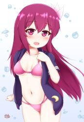 Rule 34 | 1girl, bikini, blue jacket, breasts, collarbone, commentary request, cowboy shot, crescent, crescent pin, hair ornament, highres, jacket, kantai collection, kisaragi (kancolle), kisaragi kai ni (kancolle), long hair, multi-strapped bikini bottom, open clothes, open jacket, pink bikini, purple eyes, purple hair, small breasts, smile, solo, swimsuit, zanne