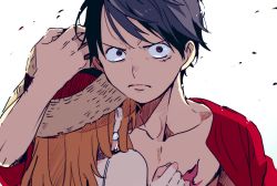 Rule 34 | 1boy, 1girl, bare shoulders, black hair, chiya op, collarbone, couple, earrings, facial scar, hand on another&#039;s head, hat, highres, holding another&#039;s head, jewelry, long hair, looking at viewer, monkey d. luffy, nami (one piece), one piece, open clothes, open shirt, orange hair, pearl earrings, red shirt, scar, scar on cheek, scar on chest, scar on face, serious, shirt, straw hat, upper body, white background