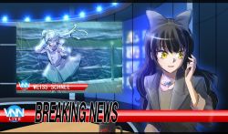Rule 34 | 2girls, black hair, blake belladonna, blown away, blue eyes, character name, commentary request, dress, english text, harbor, iesupa, multiple girls, news, reporter, rwby, storm, studio, tv show, weathergirl, weiss schnee, white hair, yellow eyes