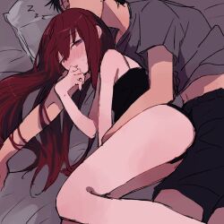 1boy 1girl bed_sheet black_hair black_shorts blush commentary_request couple grey_shirt half-closed_eyes hetero highres long_hair lying makise_kurisu nose_blush okabe_rintarou on_side pillow purple_eyes red_hair shirt short_hair shorts steins;gate suehiroch0 sweat t-shirt