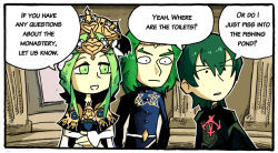 Rule 34 | 1girl, 2boys, black jacket, black shirt, blue shirt, byleth (fire emblem), byleth (male) (fire emblem), crown, dress, english text, fire emblem, fire emblem: three houses, green eyes, green hair, intelligent systems, jacket, looking at another, looking to the side, matching hair/eyes, multiple boys, nintendo, pillar, rhea (fire emblem), seteth (fire emblem), setz, shirt, white dress