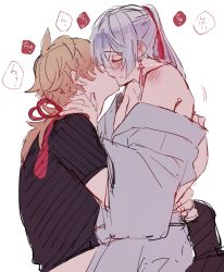 Rule 34 | 2boys, ahoge, bare shoulders, black gloves, blonde hair, blush, closed eyes, face-to-face, fake horns, fingerless gloves, french kiss, from side, genshin impact, gloves, hair between eyes, hair ornament, headband, highres, horned headwear, horns, jacket, japanese clothes, kamisato ayato, kiss, long hair, male focus, multiple boys, off shoulder, open mouth, ponytail, profile, shigxxx, simple background, sitting, sitting on person, source request, thoma (genshin impact), tongue, yaoi
