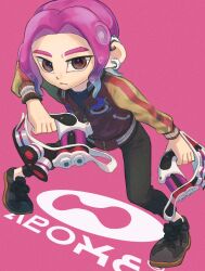 Rule 34 | 1boy, black footwear, black pants, brown eyes, closed mouth, commentary request, dual wielding, earrings, full body, gun, highres, holding, holding gun, holding weapon, inkling (language), jacket, jewelry, letterman jacket, male focus, medium hair, nastar r0, nintendo, octoling, octoling boy, octoling player character, pants, pink background, pink hair, print jacket, shoes, simple background, solo, splatoon (series), splatoon 3, standing, tentacle hair, tetra dualies (splatoon), thick eyebrows, weapon
