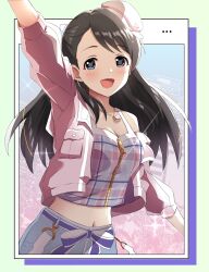 Rule 34 | 1girl, :d, arm up, black hair, blue eyes, blush, bow, breasts, cityscape, cleavage, collarbone, cropped jacket, cropped shirt, denim, dot nose, hair ornament, hat, highres, idolmaster, idolmaster cinderella girls, idolmaster cinderella girls starlight stage, jacket, jewelry, kurihara nene, long hair, looking at viewer, medium breasts, midriff, mini hat, nanananananasea, navel, necklace, off shoulder, open mouth, pink jacket, plaid, plaid shirt, shirt, smile, solo, two-tone background, waist bow, zipper