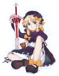 Rule 34 | 1girl, abigail williams (fate), abigail williams (fate) (cosplay), anger vein, bear, black bow, black dress, black footwear, black hat, blonde hair, bloomers, bow, bug, butterfly, commentary request, cosplay, curtain (posuinochuanglian), diagonal stripes, dress, fate/grand order, fate (series), fingernails, full body, green eyes, hair bow, hand on hilt, hand on own chin, hands in opposite sleeves, hat, highres, hugging object, insect, long hair, long sleeves, looking at viewer, mary janes, mordred (fate), mordred (fate/apocrypha), orange bow, orion (bear) (fate), parted lips, polka dot, polka dot bow, shoes, sitting, striped, stuffed animal, stuffed toy, sword, teddy bear, underwear, very long hair, weapon, white bloomers