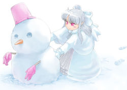 Rule 34 | 00s, bad id, bad pixiv id, carrot, half updo, melty blood, mittens, pointy ears, rosegray, snow, snowman, solo, tsukihime, type-moon, white background, white hair, white len (tsukihime), white mittens, white theme