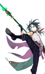 Rule 34 | 1boy, arm guards, arm tattoo, bead necklace, beads, boots, facial mark, forehead mark, genshin impact, gloves, green gloves, green hair, highres, holding, holding polearm, holding spear, holding weapon, jewelry, multicolored hair, necklace, open mouth, orange eyes, pako (pakosun), polearm, shirt, simple background, sleeveless, sleeveless shirt, solo, spear, tattoo, two-tone hair, weapon, white background, xiao (genshin impact)