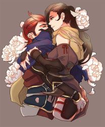 Rule 34 | 1boy, 1girl, arm blade, blue cape, breast press, breasts, brown hair, cape, detached sleeves, fire emblem, fire emblem fates, flower, grey background, hair over one eye, hand on another&#039;s ass, hetero, hug, kagero (fire emblem), lips, long hair, mask, nintendo, one eye closed, ponytail, red eyes, red hair, rose, saizo (fire emblem), scar, scar across eye, scar on face, short hair, weapon, white flower, white rose, yellow cape
