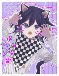 Rule 34 | 1girl, absurdres, animal ears, black hair, black scarf, border, buttons, cat boy, cat ears, cat tail, checkered clothes, checkered scarf, claw pose, danganronpa (series), danganronpa v3: killing harmony, double-breasted, fuyu ko, grey jacket, hair between eyes, hands up, highres, jacket, long sleeves, medium hair, multicolored hair, oma kokichi, outline, pink background, purple eyes, purple hair, scarf, solo, tail, two-tone hair, white border, white outline, white scarf