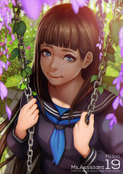 Rule 34 | 1girl, artist name, biting own lip, blue eyes, blue neckwear, blue sailor collar, blurry, breasts, brown hair, character name, closed mouth, day, depth of field, flower, leaf, long hair, looking at viewer, looking up, magion02, medium breasts, midori (ms.assistant), ms.assistant, outdoors, purple flower, sailor collar, solo, sunlight, swing