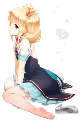 Rule 34 | 10s, 1girl, 2015, barefoot, blonde hair, blush, crown, dated, feet, full body, futaba anzu, glass slipper, high heels, highres, idolmaster, idolmaster cinderella girls, long hair, looking at viewer, nagian, profile, puff and slash sleeves, puffy short sleeves, puffy sleeves, shoes, unworn shoes, short sleeves, simple background, single thighhigh, sitting, solo, star!!, thighhighs, twintails, wariza, white background, white thighhighs