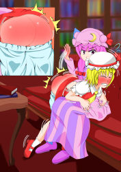 Rule 34 | 2girls, absurdres, aospanking, ascot, ass, blonde hair, bloomers, bloomers pull, blush, book, bow, butt crack, clenched teeth, closed eyes, couch, crescent, crescent hair ornament, flandre scarlet, hair bow, hair ornament, hand on another&#039;s back, hat, highres, mob cap, multiple girls, on lap, patchouli knowledge, pink eyes, pink hair, red ass, sitting, spanked, spanking, tears, teeth, touhou, underwear