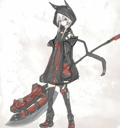 Rule 34 | 1girl, animal ears, animal hood, artist request, axe, boots, fake animal ears, flat chest, holding, holding weapon, hood, huge weapon, jacket, looking at viewer, red eyes, serious, sketch, tagme, weapon, white background, white hair