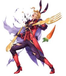 Rule 34 | 1boy, animal ears, blonde hair, boots, bow, cape, carrot, fire emblem, fire emblem: the binding blade, fire emblem heroes, flower, fork, full body, gloves, hat, highres, leaf, male focus, narcian (fire emblem), nintendo, official alternate costume, official art, open mouth, rabbit ears, solo, teeth, torn clothes, transparent background, yamada koutarou, yellow eyes