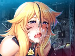 Rule 34 | 00s, 1girl, ahegao, bare shoulders, blonde hair, blush, cum, cum in mouth, cum in nose, eyebrows, facial, female focus, ferryl (taimanin asagi battle arena), nose hook, open mouth, purple eyes, solo, sweat, sweatdrop, taimanin (series), taimanin asagi, taimanin asagi kessen arena, tears, torture, zol