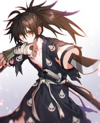 Rule 34 | 1boy, amputee, bad id, bad pixiv id, black hair, brown eyes, dororo (tezuka), gradient background, hair between eyes, highres, hyakkimaru (dororo), japanese clothes, katana, kylooe 0, long hair, looking at viewer, male focus, mouth hold, ponytail, prosthesis, prosthetic arm, sheath, sheathed, simple background, solo, standing, sword, torn clothes, weapon