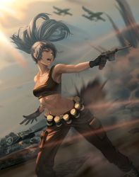 Rule 34 | 1girl, absurdres, aircraft, airplane, bare shoulders, battlefield, black gloves, black tank top, blue eyes, blue hair, blurry, blurry background, breasts, cargo pants, commentary request, earrings, explosion, gas can, gloves, gun, highres, jewelry, korean commentary, leona heidern, midriff, military, military vehicle, motor vehicle, navel, pants, ponytail, solo, tank, tank top, the king of fighters, the king of fighters xiii, wans 008, weapon