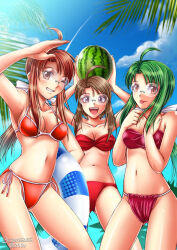 Rule 34 | 3girls, bikini, breasts, brown eyes, brown hair, cleavage, food, fruit, glasses, green hair, looking at viewer, multiple girls, ponytail, smile, songwut ouppakarndee, swimsuit, tongue, tongue out, watermelon
