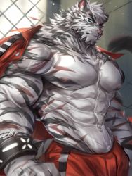 Rule 34 | 1boy, abs, animal ears, arknights, bara, bare pectorals, blue eyes, frown, furry, furry male, highres, jacket, jacket on shoulders, large pectorals, looking at viewer, male focus, mountain (arknights), muscular, muscular male, navel, nipples, official alternate costume, open clothes, open shirt, orange jacket, orange pants, pants, pectorals, prison cell, prison clothes, rabbity art, scar, scar across eye, scar on arm, scar on chest, scar on face, scar on stomach, short hair, solo, stomach, thick eyebrows, tiger boy, tiger ears, white fur, white hair
