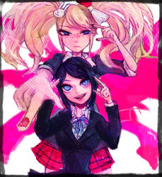 Rule 34 | 2girls, alternate costume, blood, blood splatter, blue neckwear, bow, breasts, rabbit hair ornament, closed mouth, collared shirt, danganronpa: trigger happy havoc, danganronpa (series), disguise, enoshima junko, eyebrows, eyebrows hidden by hair, fake nails, fingernails, freckles, frown, hair bow, hair ornament, hand to forehead, hand to head, ikusaba mukuro, impersonation, large breasts, laughing, looking at viewer, multiple girls, nail polish, neck ribbon, open mouth, pink background, pink blood, plaid, plaid skirt, pointing, pointing at viewer, red nails, red skirt, ribbon, school uniform, shirt, siblings, simple background, sisters, skirt, smile, standing over another, teeth, tongue, twins, twintails, upper body, upper teeth only, white background