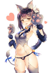 Rule 34 | 1girl, animal ears, animal hands, bad id, bad pixiv id, bell, black hair, black panties, blue ribbon, blush, breasts, cat ears, cat tail, cleavage, dangeroes beast (miyu), fate/kaleid liner prisma illya, fate (series), fur trim, garter straps, gloves, hair ornament, hairclip, heart, highres, kemonomimi mode, looking at viewer, mellozzo, miyu edelfelt, navel, open mouth, panties, paw gloves, ribbon, short hair, simple background, small breasts, solo, standing, tail, thick thighs, thighhighs, thighs, underwear, white background, wide hips