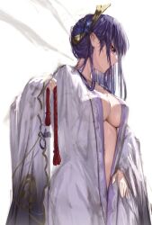 Rule 34 | 1girl, absurdres, alternate costume, bakemonsou, breasts, commentary, flower, genshin impact, hair down, hair flower, hair ornament, hair tie in mouth, highres, holding, holding rope, japanese clothes, kimono, large breasts, long hair, mole, mole under eye, mouth hold, naked kimono, navel, open clothes, open kimono, purple eyes, purple flower, purple hair, raiden shogun, revision, rope, sketch, solo, white background, white kimono, wide sleeves