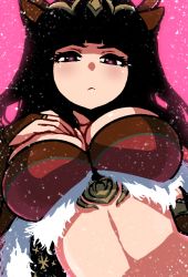 Rule 34 | 1girl, :&lt;, akairiot, bikini, bikini top only, blunt bangs, blush, breasts, bridal gauntlets, closed mouth, expressionless, fire emblem, fire emblem heroes, fur trim, hand on breast, hand on own chest, large breasts, long hair, looking at viewer, nintendo, pink background, pink eyes, red bikini, simple background, snowing, solo, swimsuit, tharja (fire emblem), tharja (winter) (fire emblem), tiara, upper body