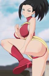 Rule 34 | 1girl, arm between breasts, aruman, ass, black eyes, black hair, blush, boku no hero academia, boots, breasts, cleavage, female pubic hair, highres, long hair, pubic hair, smile, solo, yaoyorozu momo