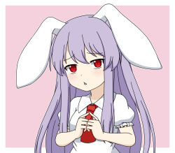 Rule 34 | 1girl, animal ears, blush, border, breasts, collared shirt, commentary request, fingers together, hair between eyes, hands up, highres, long hair, looking at viewer, medium breasts, necktie, okamochi (pi-chiki), open mouth, pink background, puffy short sleeves, puffy sleeves, purple hair, rabbit ears, red eyes, red necktie, reisen udongein inaba, shirt, short sleeves, simple background, solo, standing, touhou, upper body, white border, white shirt