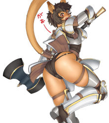 Rule 34 | 00s, 1girl, animal ears, armor, ass, axe, cat ears, cat girl, cat tail, couter, dark-skinned female, dark skin, double bladed axe, fang, female focus, final fantasy, final fantasy xi, gochou (kedama), mithra (ff11), simple background, skindentation, solo, tail, weapon, white background