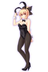 Rule 34 | 1girl, alternate costume, animal ears, bare shoulders, black pantyhose, blonde hair, blush, bow, bowtie, breasts, cleavage, detached collar, fake animal ears, hair bow, high heels, isaki (gomi), kurodani yamame, leotard, looking at viewer, pantyhose, playboy bunny, rabbit ears, rabbit tail, short hair, simple background, smile, solo, tail, touhou, white background, wrist cuffs